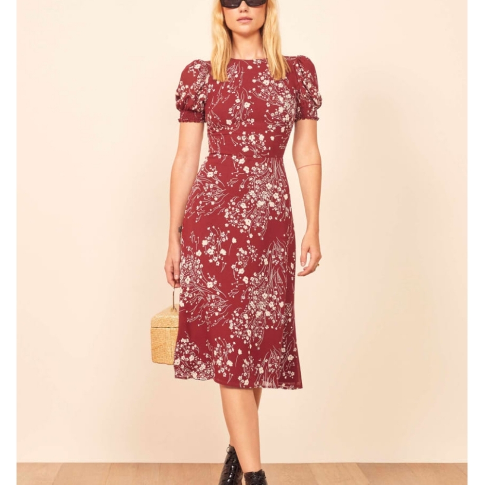 Red Floral Puff Sleeve Fit-n-Flare Midi Dress